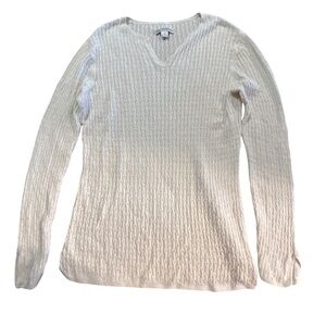 Cable Knit Cotton Linen Blend V-Neck Sweater - Cream